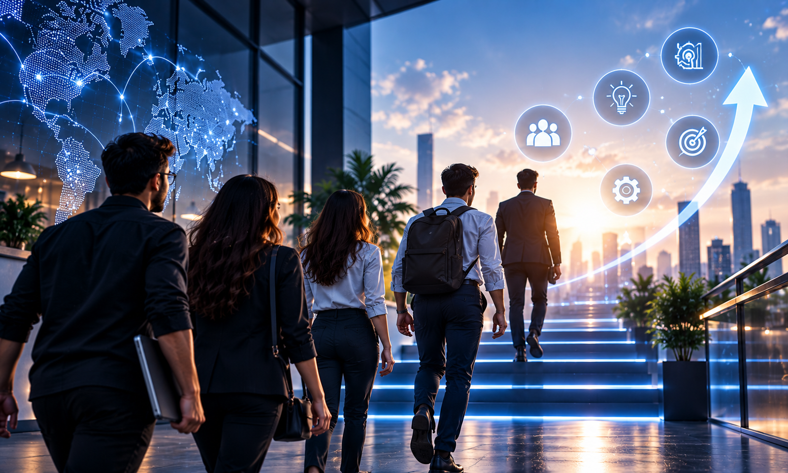 Professionals advancing together on a career path