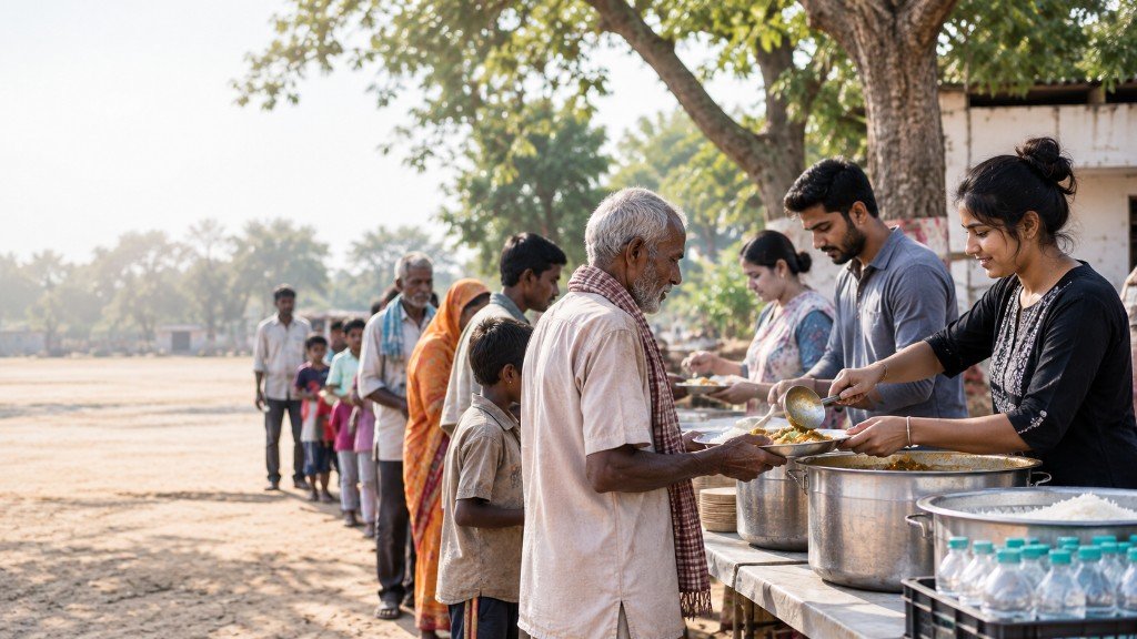 Volunteers serving hot meals and water to community members outdoors