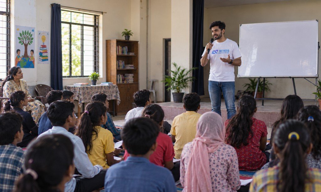 Infinoid team member presenting to children in a classroom outreach session