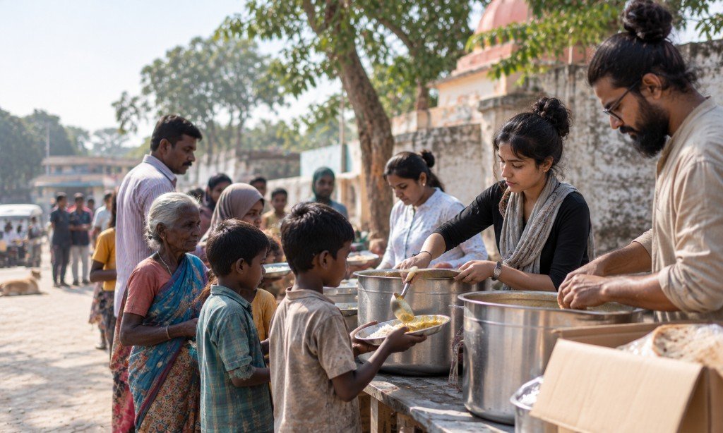 Volunteers serving food to children waiting with metal plates
