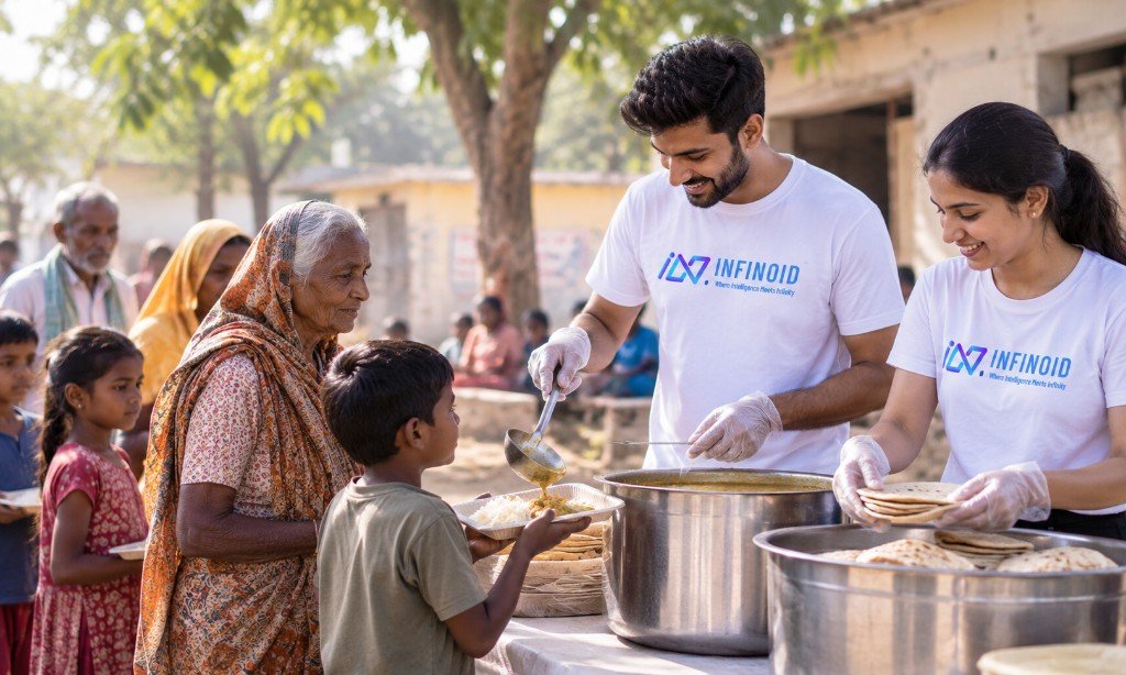 Infinoid volunteers serving meals to children and elders in the community