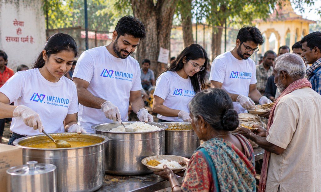 Infinoid volunteers in branded shirts serving meals at a community seva drive