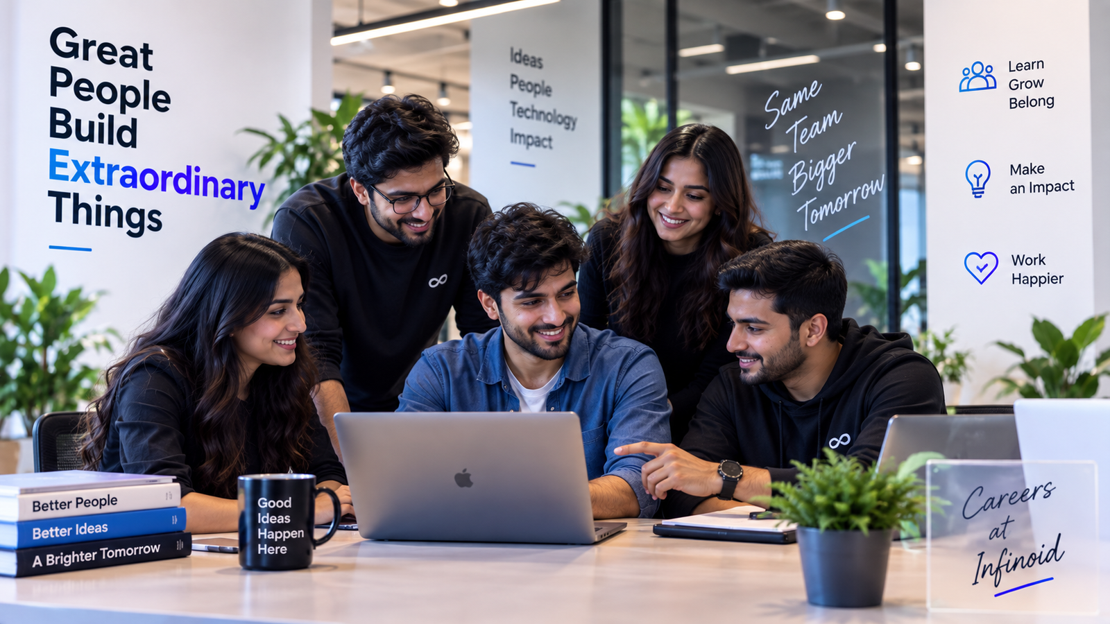 Infinoid team collaborating around a laptop in the office